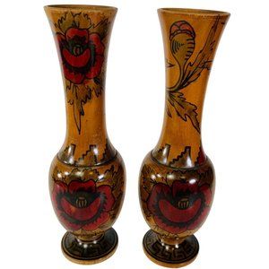 Vintage Set of 2 Wooden Vases Roses Floral Landscape South Western Mexican Decor